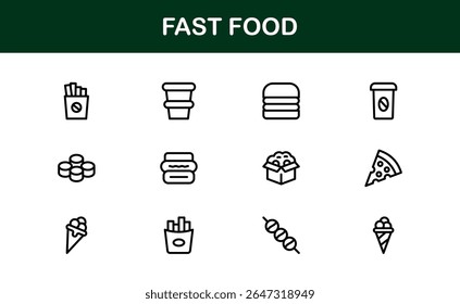 Professional Fast Food Icons Pack with Creative Vector Illustrations of Popular Snacks, Beverages, and Meals
