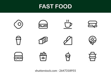 Professional Fast Food Icons Pack with Creative Vector Illustrations of Popular Snacks, Beverages, and Meals