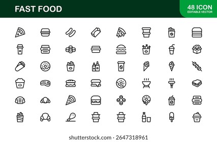 Professional Fast Food Icons Pack with Creative Vector Illustrations of Popular Snacks, Beverages, and Meals