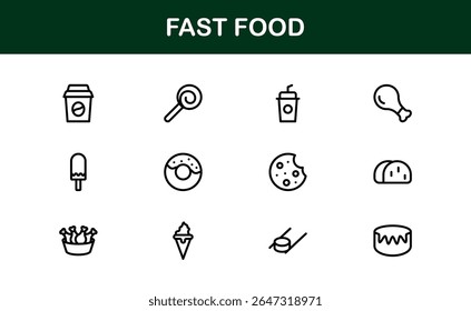 Professional Fast Food Icons Pack with Creative Vector Illustrations of Popular Snacks, Beverages, and Meals