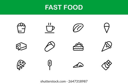 Professional Fast Food Icons Pack with Creative Vector Illustrations of Popular Snacks, Beverages, and Meals
