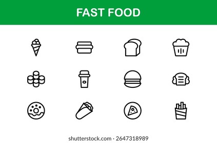 Professional Fast Food Icons Pack with Creative Vector Illustrations of Popular Snacks, Beverages, and Meals