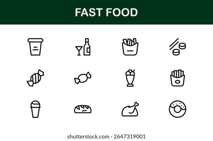 Professional Fast Food Icons Pack with Creative Vector Illustrations of Popular Snacks, Beverages, and Meals