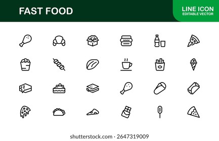 Professional Fast Food Icons Pack with Creative Vector Illustrations of Popular Snacks, Beverages, and Meals