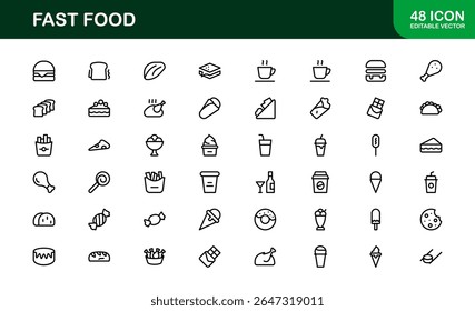 Professional Fast Food Icons Pack with Creative Vector Illustrations of Popular Snacks, Beverages, and Meals