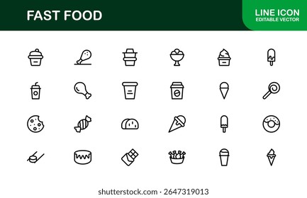 Professional Fast Food Icons Pack with Creative Vector Illustrations of Popular Snacks, Beverages, and Meals