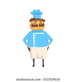 Professional Fat Smiling Cook In Classic Double Breasted Blue Jacket And Toque