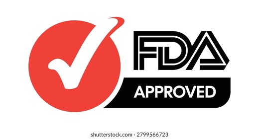Professional FDA approved logo featuring a bold verification check mark and official approval label designed for pharmaceutical, healthcare, medical device, and consumer product applications. Ideal for packaging design, certification materials, regulatory compliance graphics, quality assurance branding, and product labeling projects.