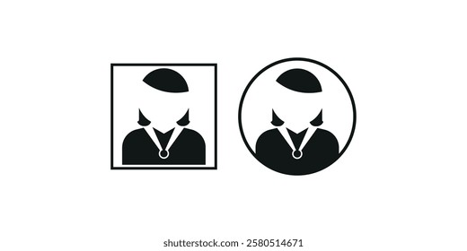 Professional female avatar icons in black and white, featuring medals and geometric frames, ideal for business, leadership, career, education, and corporate branding design.