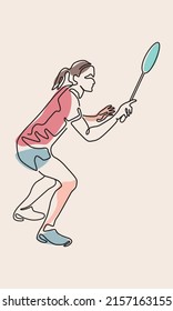 Professional female badminton player one line art. Monoline