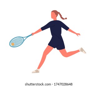 Professional female big tennis player hitting ball holding racket vector flat illustration. Active woman in sportswear demonstrate receive backhand position isolated on white. Sportswoman at match