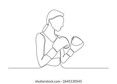 Professional female boxing continuous line drawing. Girl with boxing gloves outline vector isolated on white background.