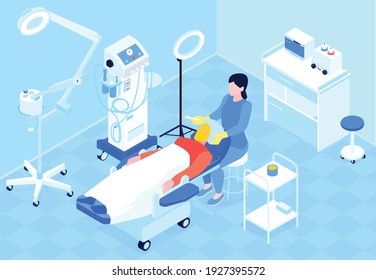 Professional female cosmetologist doing procedure of chemical peeling 3d isometric vector illustration