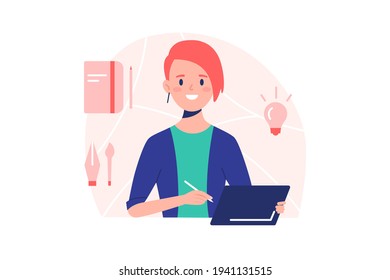 Professional female designer vector illustration. Woman holding clipboard with pen flat style. Creative job and full of ideas. Art and creativity concept. Isolated on white background