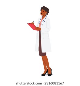 Professional Female Doctor Character Focused And Engaged, Writing Diligently On Her Clipboard, Ensuring Accurate Documentation And Providing Excellent Patient Care. Cartoon People Vector Illustration