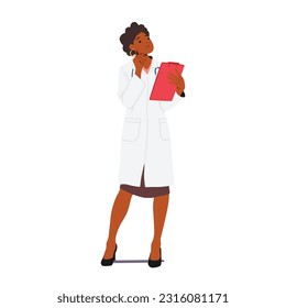 Professional Female Doctor Character Holding Clipboard, Reading And Analyzing Medical Information. Managing Patient Data And Providing Optimal Healthcare Services. Cartoon People Vector Illustration