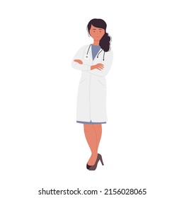 Professional female doctor crossed arms. Confident medical hospital worker vector illustration