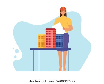 Professional female engineer looking at building examples in meeting. Design character. Vector flat illustration