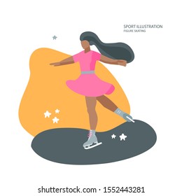 Professional female figure skater performing on the ice Young women dancing. Dark-skinned figure skater posing. Vector flat design illustration.