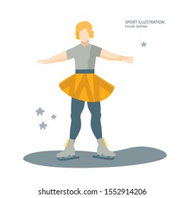 Professional female figure skater performing on the ice Young women dancing.White women figure skater posing. Vector flat design illustration.
