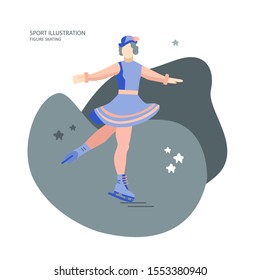 Professional female figure skater performing on the ice Young women dancing.White women figure skater posing. Vector flat modern design illustration.
