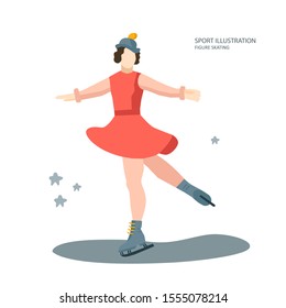 Professional female figure skater performing on the ice Young women dancing.White women figure skater posing. Vector flat modern design illustration.