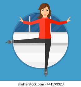 Professional Female Figure Skater Performing On Ice Skating Rink. Young Ice Skater Dancing. Female Figure Skater On Skates Indoor. Vector Flat Design Illustration In The Circle Isolated On Background.