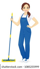 Professional female floor cleaner standing with mop vector illustration