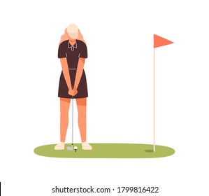 Professional female golf player aiming to hit on ball vector flat illustration. Sportswoman in cap holding niblick practicing outdoor activity isolated on white. Woman in sportswear enjoying sport