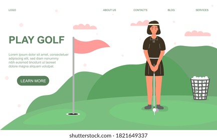 Professional female golf player aiming to hit on ball vector flat illustration. Sportswoman in cap holding niblick practicing outdoor activity isolated on white. Woman in sportswear enjoying sport