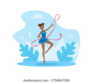 Professional Female Gymnasts Doing Rhythmic Gymnastics with Ribbon Vector Illustration