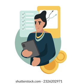 Professional female holding tablet, planning work day. Career goal achievement. Getting promotion at work and financial freedom. Vector flat illustration in green colors