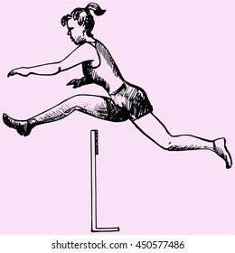 Professional female hurdler in action doodle style sketch illustration hand drawn vector 