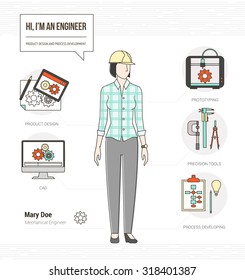 Professional female mechanical engineer infographic skills resume with tools, equipment and icons set