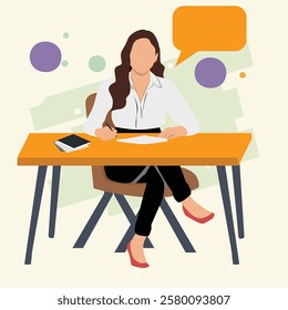 A professional female office worker or secretary sitting at her desk, holding a pen and a notebook. Ideal for business, office work, and administrative themes.