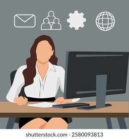 A professional female office worker or secretary sitting at her desk, operating a computer. Perfect for business, office work, administration, and workplace productivity themes.