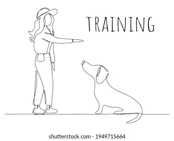 Professional female pet instructor training domestic dog command sit in pet center or school, cynological club in lesson. Design hand drawing. Drawn continuous line vector illustration one line art.