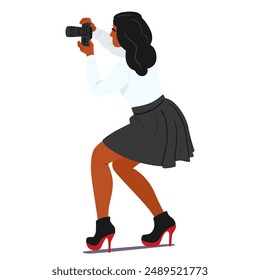 Fotógrafa Profesional Con Una Cámara Dslr En Acción. El Personaje Femenino Está Vestido Con Una Camisa Blanca Y Una Falda Negra, Centrándose En Capturar La Toma Perfecta. Concepto De Vector Del Esfuerzo Creativo