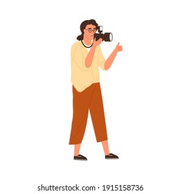 Professional female photographer holding digital photo camera, having thumb up and taking pictures. Young woman focusing and making shot. Colored flat vector illustration isolated on white background