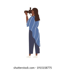 Professional female photographer or videographer taking pictures or shooting video with camera. Young African American woman taking photos or shots. Flat vector illustration isolated on white