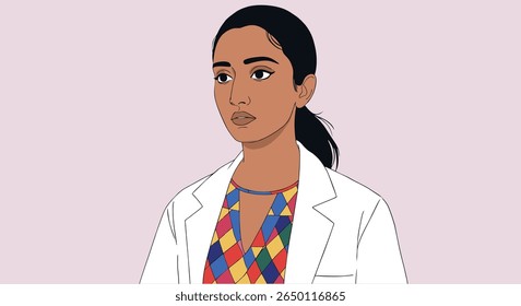 Pesquisadora profissional conduzindo experimentos, ilustração vetorial de mulher científica em jaleco
