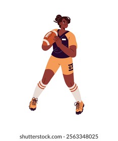 Professional female rugby player holds ball in hands. Black sportswoman plays American football. Athlete training before sports game, competition. Flat isolated vector illustration on white background