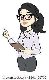 Professional female secretary holding a tablet and making a pointing gesture.