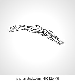 Professional Female Swimmer Diving Into A Swimming Pool. Vector black and white lineart silhouette illustration on white background