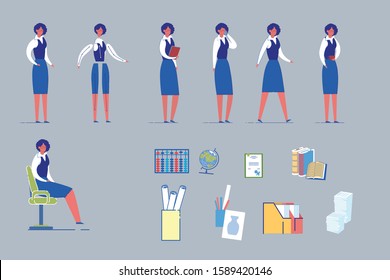 Professional Female Teacher Cartoon Character with School Supplies Set. School Education and Children Development, Women Occupation and Profession, Social Equality. Flat Vector Illustration Isolated.