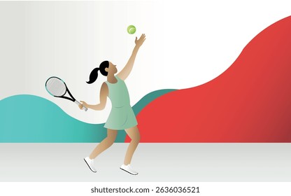 Professional female tennis player serving the ball during a championship match, displaying remarkable athleticism and skill in a powerful, dynamic pose on the court