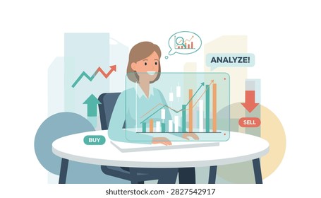 Professional female trader analyzing online stock market trends and candlestick charts using glass futuristic display.