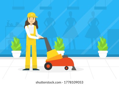 Professionelle weibliche Arbeitnehmer in einheitlicher Form mit Bodenreinigungsmaschine, Reinigungspersonal am Arbeitsplatz Flach Vektorgrafik