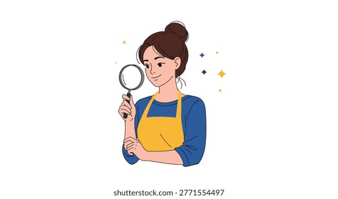 Professional female worker wearing a blue shirt and yellow apron holding a magnifying glass to inspect or search for details.