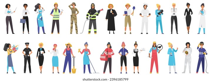 Professional female workers set vector illustration. Cartoon isolated happy girls of different professions, cute employees standing with smile, diverse staff people collection for hiring company